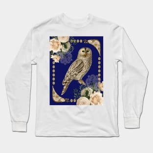 Barn Owl with Ivory Roses in Art Nouveau Influence Navy Blue Long Sleeve T-Shirt